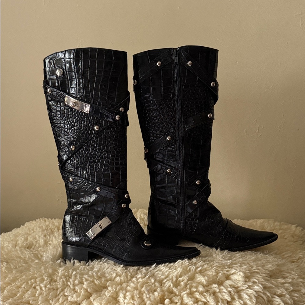 Heyraud Black Faux Crocodile Knee-High Boots